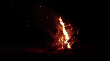 Karanlık Orman 'da Kara Orman' da Gece Ateşi Yanıyor. Ağır çekim. Gece vakti Alevli Kamp Ateşi. Şenlik Ateşi için yer. Ateş Çukuru, Ateş Altında Orman, Uçan Kıvılcımlar ve Duman - Statik Atış