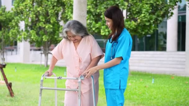 Азиатский Заботливый Ухаживающий Медсестра Заботится Пожилом Азиатском Пациенте Инвалидном Кресле — стоковое видео