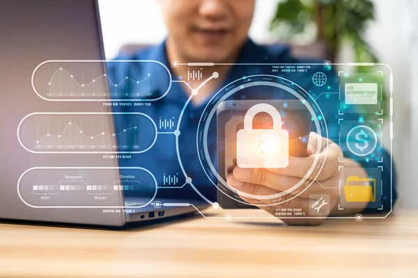 Stock image Businessman touch a virtual screen to unlock and access information and document, Protection network security computer and safe data, cybersecurity concept, user privacy security and encryption