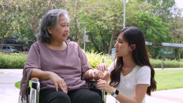 Cuidador Asiático Cuidadoso Enfermera Que Cuida Paciente Silla Ruedas Concepto — Vídeos de Stock