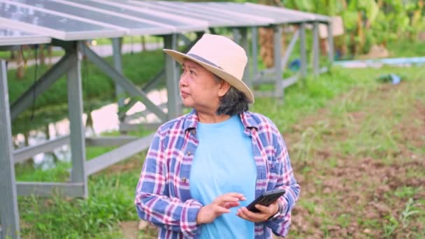 Azjatyccy Rolnicy Używają Tabletek Dostosowania Stopnia Ogniw Słonecznych Sprawdzenia Wydajności — Wideo stockowe