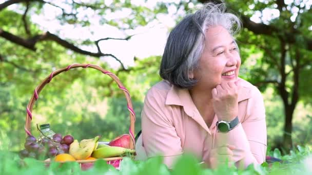 Šťastná Asijská Starší Žena Nosit Zdravotní Hodinky Ležet Piknikové Rohožce — Stock video