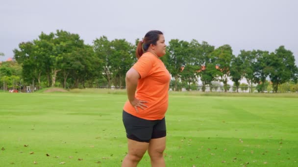 Asijské Velikost Žena Cvičení Parku Protáhnout Svaly Před Jogging Šťastná — Stock video
