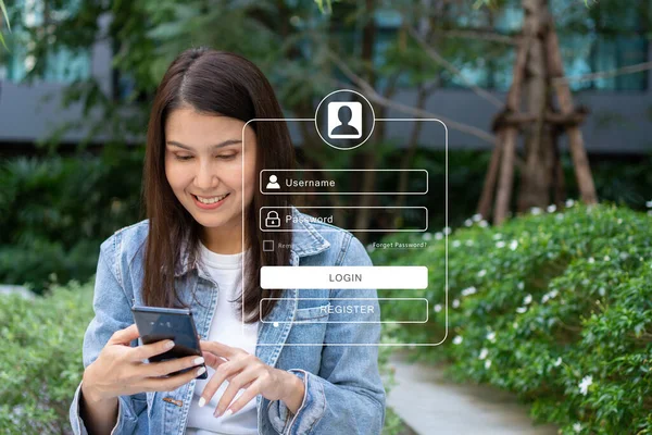 Woman using smartphones to type user and passwords for login financial applications,  identification information security, and encryption, Concept of Cyber security for internet access