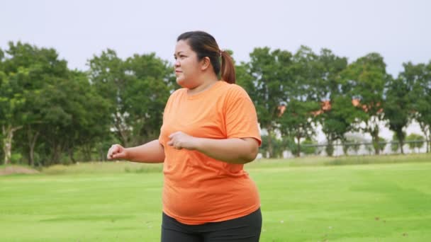Asyalı Artı Boyunda Bir Kadın Parkta Antrenman Yapıyor Koşmadan Önce — Stok video