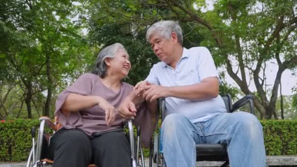 快乐的亚洲老年夫妇坐在轮椅上 老妇人牵着丈夫的手 一起聊天 在公园里放松 退休人员的休闲活动 老年人的医疗保健理念 — 图库视频影像