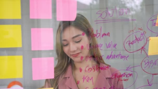 若いクリエイティブビジネスの女性は マーカーを保持し 計画を書いて 粘着ノートでガラスの壁にアイデアを共有します ブレインストーミングと議論と形成 テックスタートアップオフィスでのビジネス戦略 — ストック動画