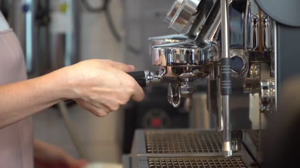 Närbild Professionell Kvinnlig Barista Hand Gör Färsk Espresso Med Kaffebryggare — Stockvideo
