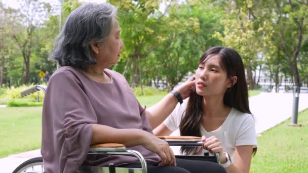 Asiatische Pflegekraft Oder Krankenschwester Die Sich Den Patienten Rollstuhl Kümmert — Stockvideo