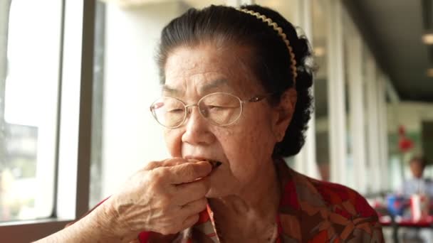 Выборочный Акцент Жареной Курице Азиатские Пожилые Женщины Едят Жареную Курицу — стоковое видео