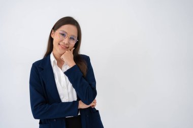 Portrait of smart and happy young thoughtful Asian business women think for new ideas on isolated white background. Concept of advertising marketing and product placement.