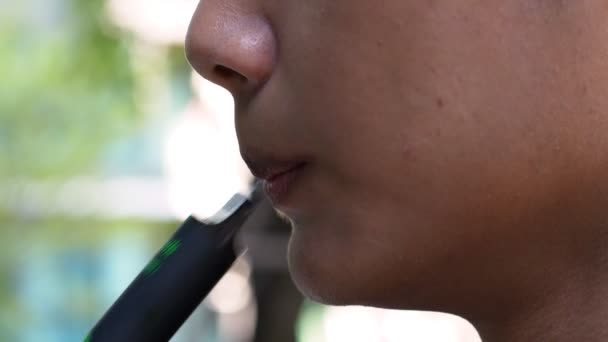 Closeup Mouth Man Blowing Smoke Cigarette Outdoors Man Smoking Cigarette — Stockvideo