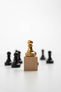 Kutunun üzerinde duran Altın Satranç Piyonu 'nun liderliği nüfuzunu ve gücünü gösteriyor. Lider takımın iş yönetimi kavramı, başarılı yarışma galibi ve stratejisi olan lider.