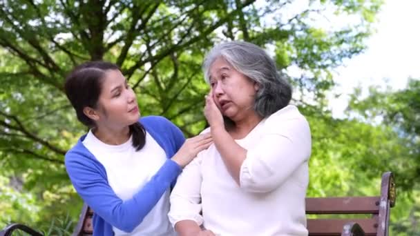 Happy Senior Mother Gray Hair Talk Laugh Daughter Caregiver Park — Stockvideo