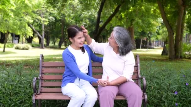 Happy Senior Mother Gray Hair Talk Laugh Daughter Caregiver Park — Stock Video