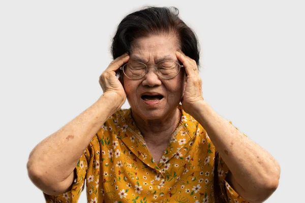 Eine Ältere Frau Die Starke Kopfschmerzen Hat Leidet Einem Schlaganfall — Stockfoto