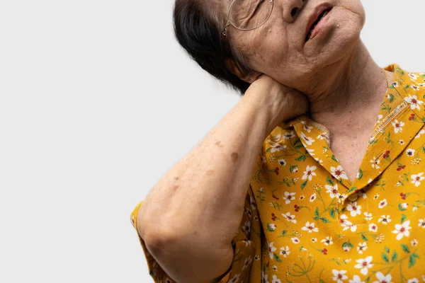 Mujer Mayor Enferma Con Dolor Espalda Cuello Hombros Articulación Músculo — Foto de Stock