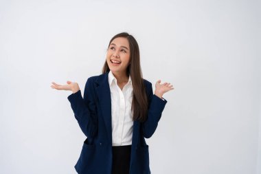 Portrait of smart and happy young thoughtful Asian business women think for new ideas on isolated white background. Concept of advertising marketing and product placement.