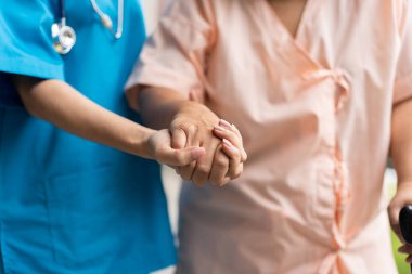 Asian careful caregiver or nurse hold patient hand and encourage patient, walking in garden. Concept of happy retirement with care from a caregiver and Savings and senior health insurance.
