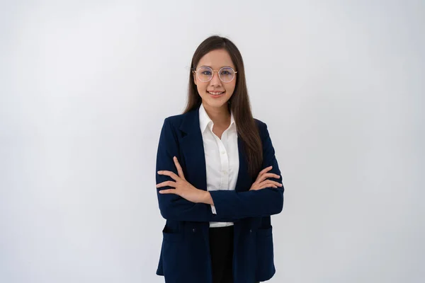 Portrait Jeunes Femmes Affaires Asiatiques Intelligentes Heureuses Réfléchies Pensent Nouvelles — Photo