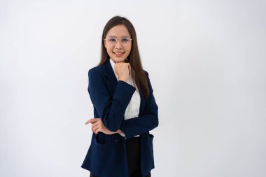 Portrait of smart and happy young thoughtful Asian business women think for new ideas on isolated white background. Concept of advertising marketing and product placement.