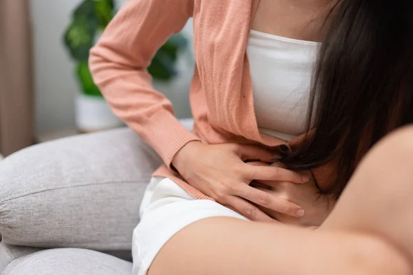 Sick Asian Woman Suffering Acute Abdominal Pain Abdomen Due Menstruation — Stock Photo, Image