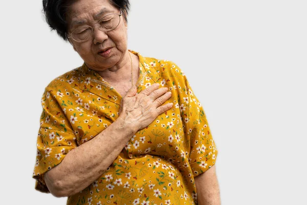 Пожилая Женщина Чувствует Боль Груди Старшая Азиатка Страдает Сильной Боли — стоковое фото