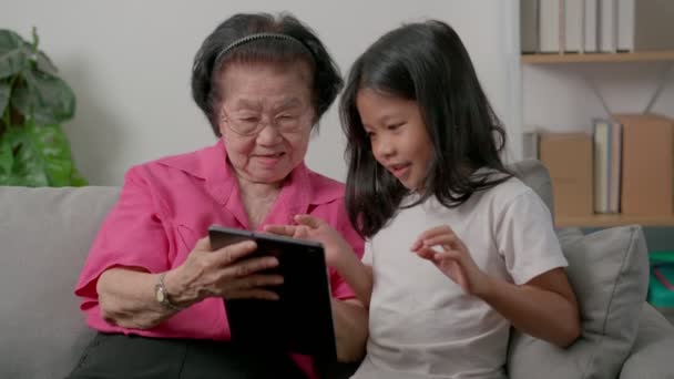 在舒适的沙发上用平板电脑对着小孙女笑得很开心 快乐成熟的奶奶和小孙子玩教育视频平板 网上教育 成熟的快乐概念 — 图库视频影像