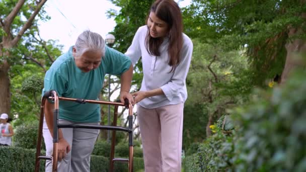 Una Anciana Asiática Anciana Usa Andador Camina Por Jardín Con — Vídeos de Stock
