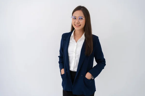 Portrait Smart Happy Young Thoughtful Asian Business Women Think New — Foto Stock