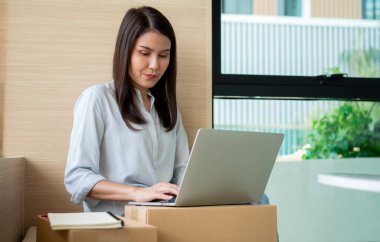 Mutlu Asyalı genç girişimci ev bilgisayarındaki bir dizüstü bilgisayardan siparişleri kontrol ettikten sonra satış başarısı için gülümseyin, İnternet ve e-ticaret ticaret sektörü kavramı