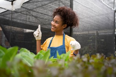 Portrait of happy half Thai half African woman farmer standing behind vegetable plot in her backyard. Concept of agriculture organic for health, Vegan food and Small business.