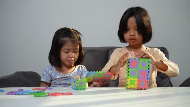 Cute Asian Sister Same Pregnant Siblings Playing Colorful Toy Abc — Stock Video
