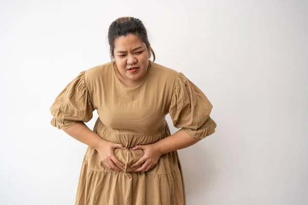 Jovem Asiático Size Mulher Mão Estômago Porque Náuseas Doença Dolorosa — Fotografia de Stock