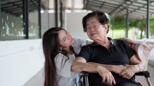 アジアの注意深い介護者や孫娘や車椅子の幸せな患者が庭を歩いています 介護者 高齢者健康保険によるハッピーリタイアのコンセプト — ストック動画