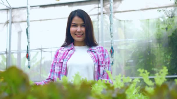 在温室花园的有机农场里 一个快乐而微笑的亚洲女农民的画像 有机农业促进健康的概念 — 图库视频影像