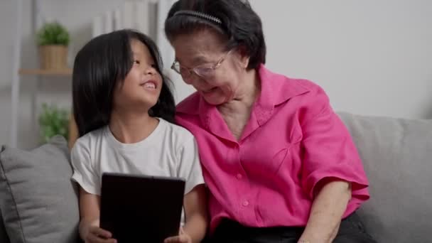 Sorridente Felice Nonna Matura Con Nipotina Utilizzando Tablet Sul Divano — Video Stock