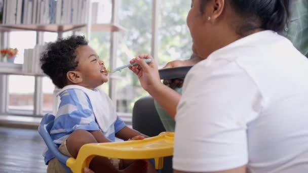 Asyalı Anne Aylık Bebeğini Besliyor Afrikalı Amerikalı Evde Yemek Tabağı — Stok video