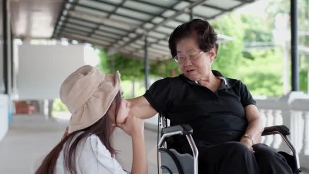 Asiatisk Omsorgsfull Vårdgivare Eller Barnbarn Och Lycklig Patient Rullstol Går — Stockvideo