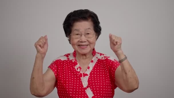 Portret Wesoły Uśmiechnięta Azjatka Starsza Kobieta Nosić Okulary Siwe Włosy — Wideo stockowe