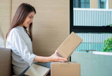 Mutlu Asyalı genç girişimci ev bilgisayarındaki bir dizüstü bilgisayardan siparişleri kontrol ettikten sonra satış başarısı için gülümseyin, İnternet ve e-ticaret ticaret sektörü kavramı