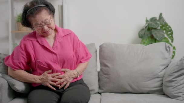 不健康的成熟女人抱着肚子 严重的胃痛引起食物中毒住院患者有细菌性感染 胃肠道系统疾病 消化性胃炎 腹痛的概念 — 图库视频影像