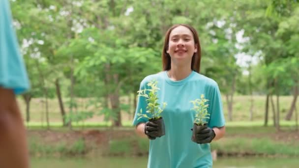 Grupo Voluntarios Asiáticos Plantando Plántulas Árboles Para Restaurar Medio Ambiente — Vídeos de Stock