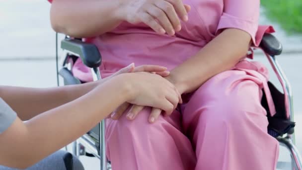 在轮椅上照料病人的亚洲细心照料者或护士 在照顾者 储蓄和老年健康保险的照料下快乐退休的概念 鼓励病人 — 图库视频影像