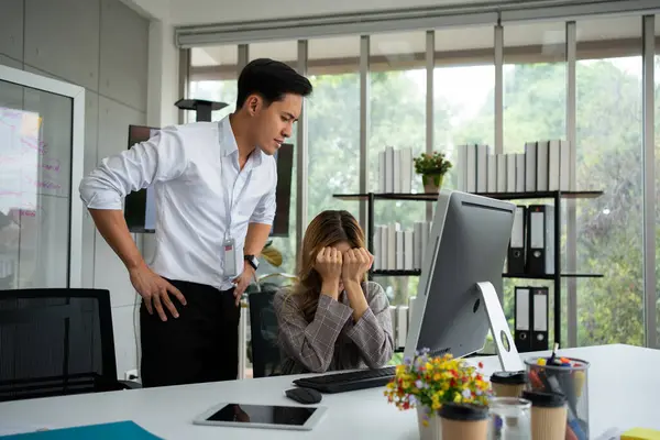 Stressed of female employee and offensive faces that the boss yells, Workplace Conflict, Corporate Communication Problem, stress of business partner discussing, Quarrels, And Bad Attitude At Work