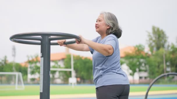 Asiatische Seniorin Lockeren Workout Trainingsstationen Öffentlichen Park Stellt Dar Jung — Stockvideo