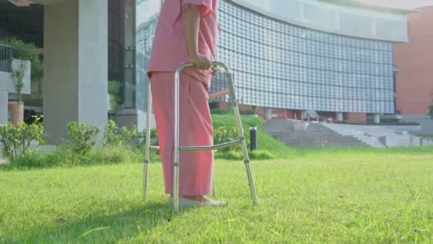 Uma Idosa Asiática Usa Andarilho Caminha Quintal Hospital Fisioterapia Reabilitação — Vídeo de Stock