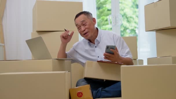 Asian Elderly Older Using Laptop Smartphone Checking Email Order Home — Stock Video