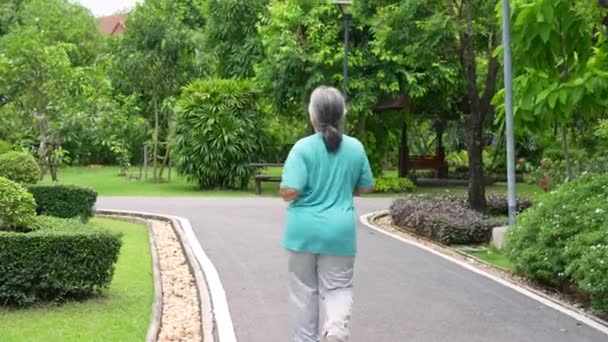 Старшая Женщина Бегает Открытом Стадионе Пожилая Женщина Радуется Кардио Здоровья — стоковое видео
