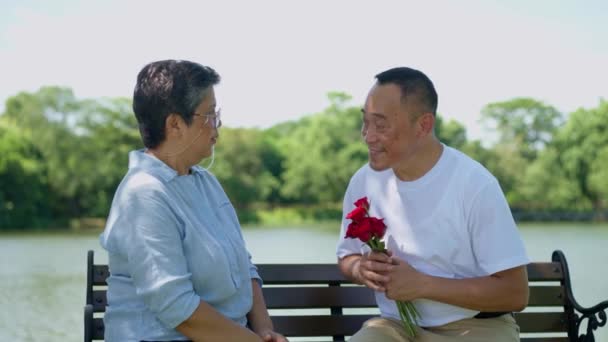 Anniversario Sorpresa Romantico Uomo Anziano Dona Fiore Rosa Rossa Sua — Video Stock